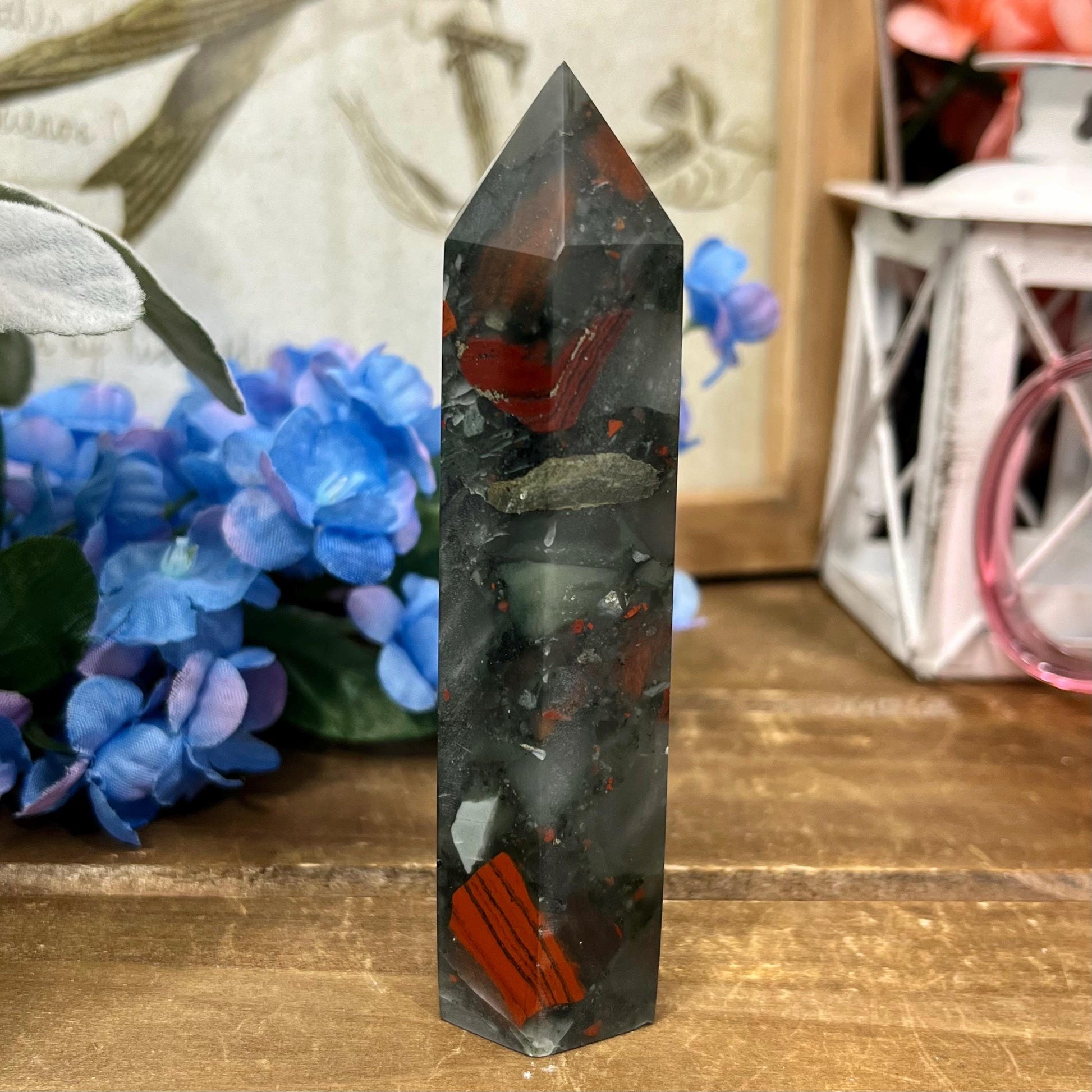 African Bloodstone Tower | African Bloodstone with Pyrite - IMPERFECT TIP