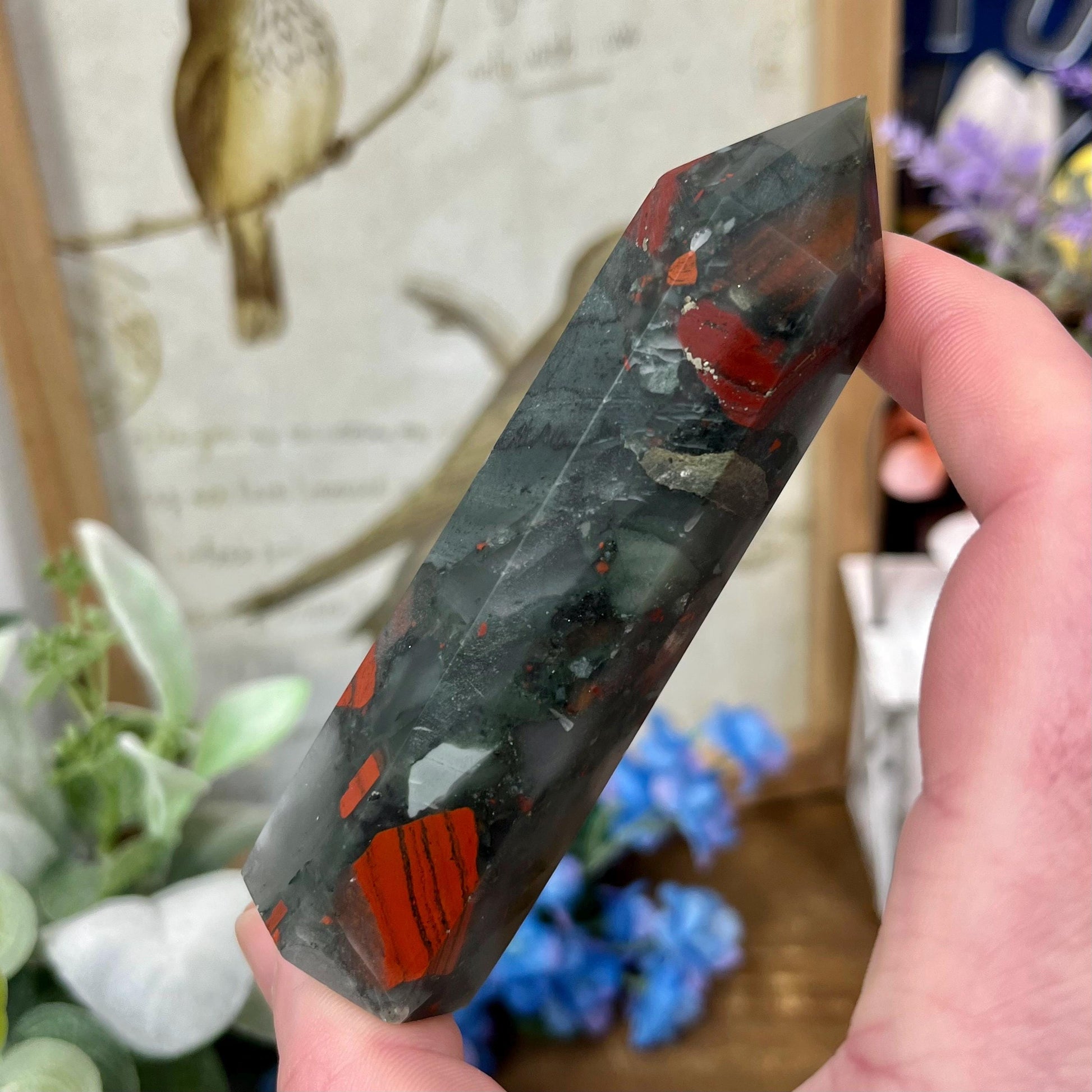 African Bloodstone Tower | African Bloodstone with Pyrite - IMPERFECT TIP