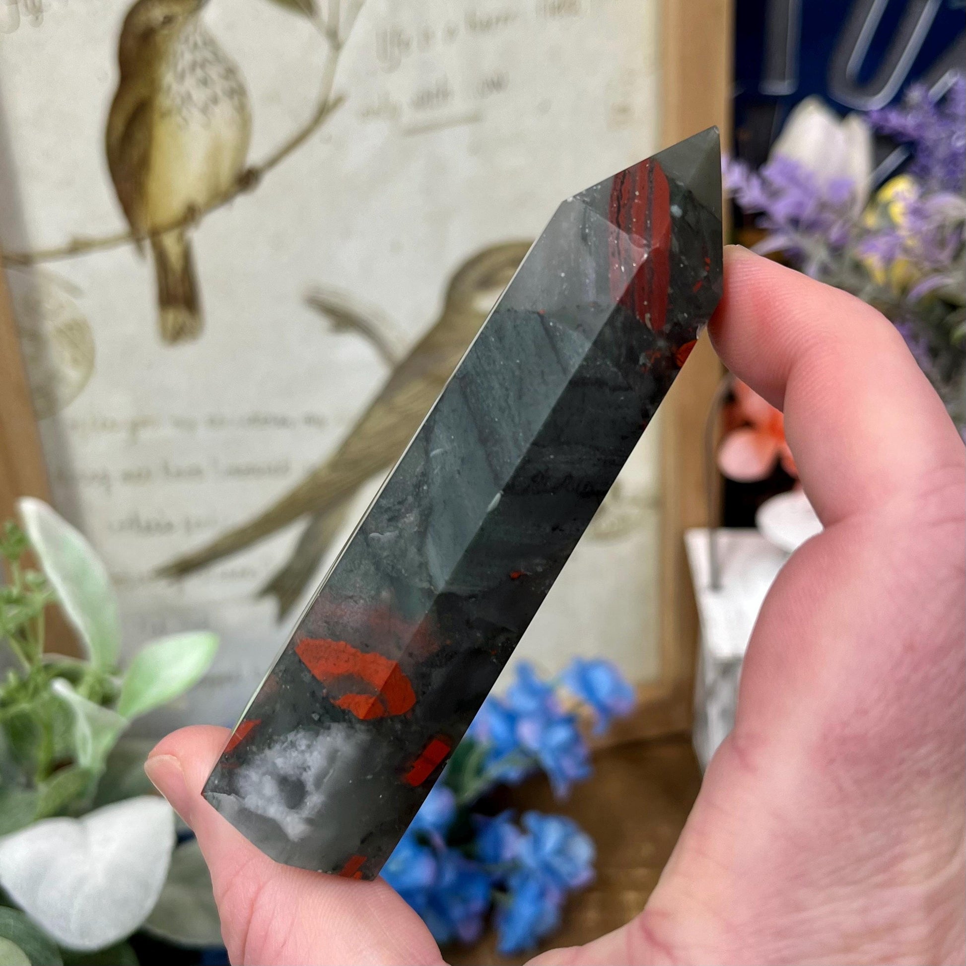 African Bloodstone Tower | African Bloodstone with Pyrite - IMPERFECT TIP