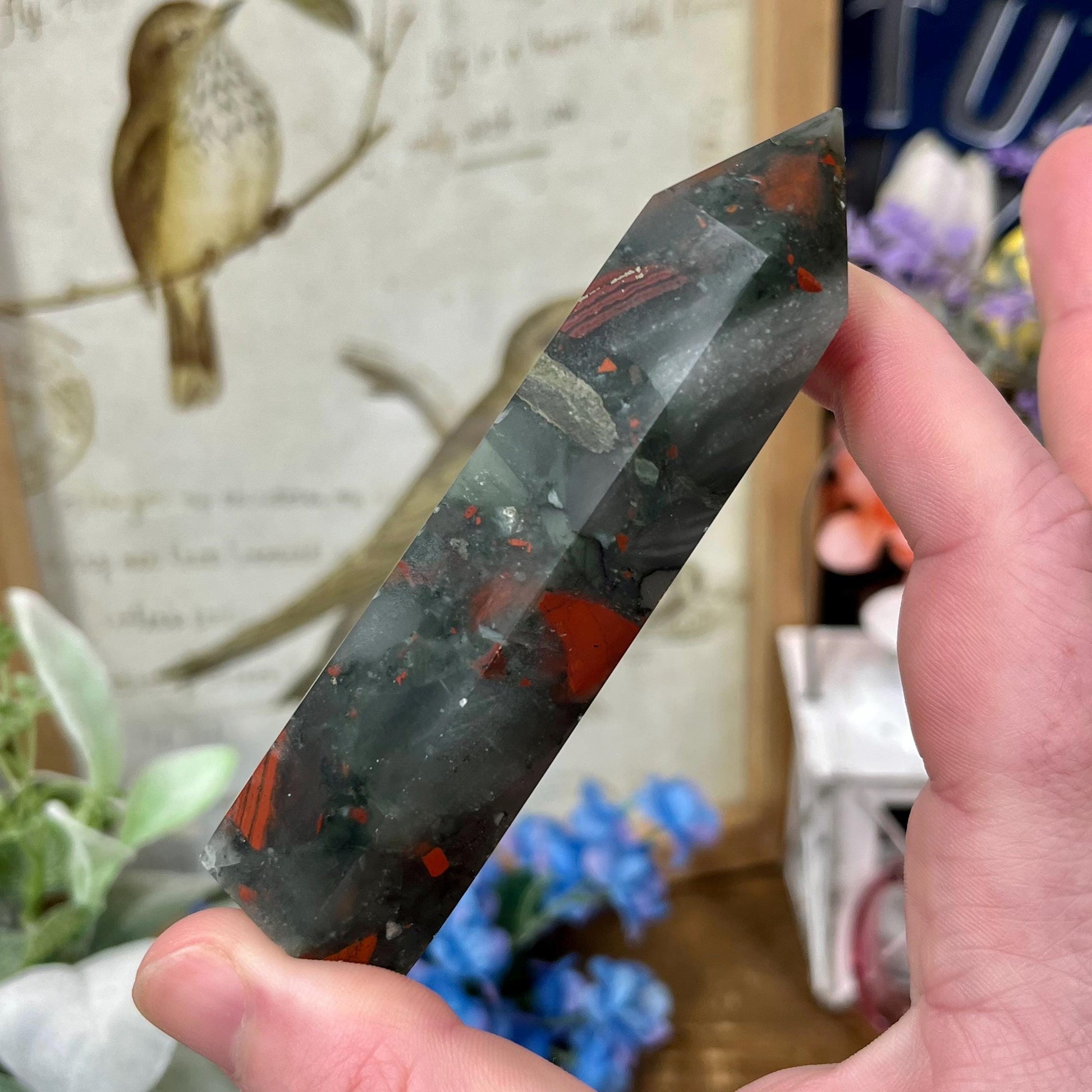 African Bloodstone Tower | African Bloodstone with Pyrite - IMPERFECT TIP