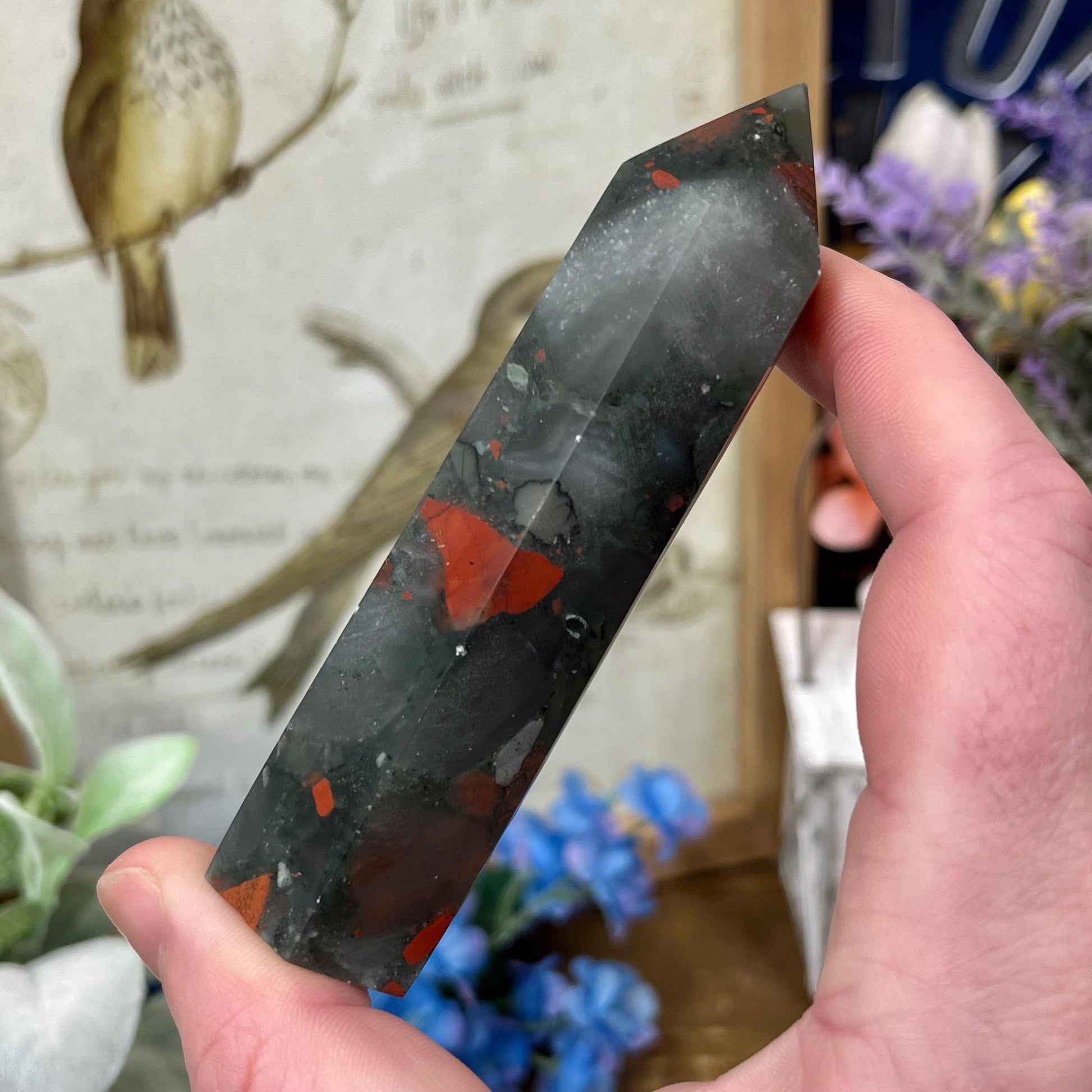 African Bloodstone Tower | African Bloodstone with Pyrite - IMPERFECT TIP
