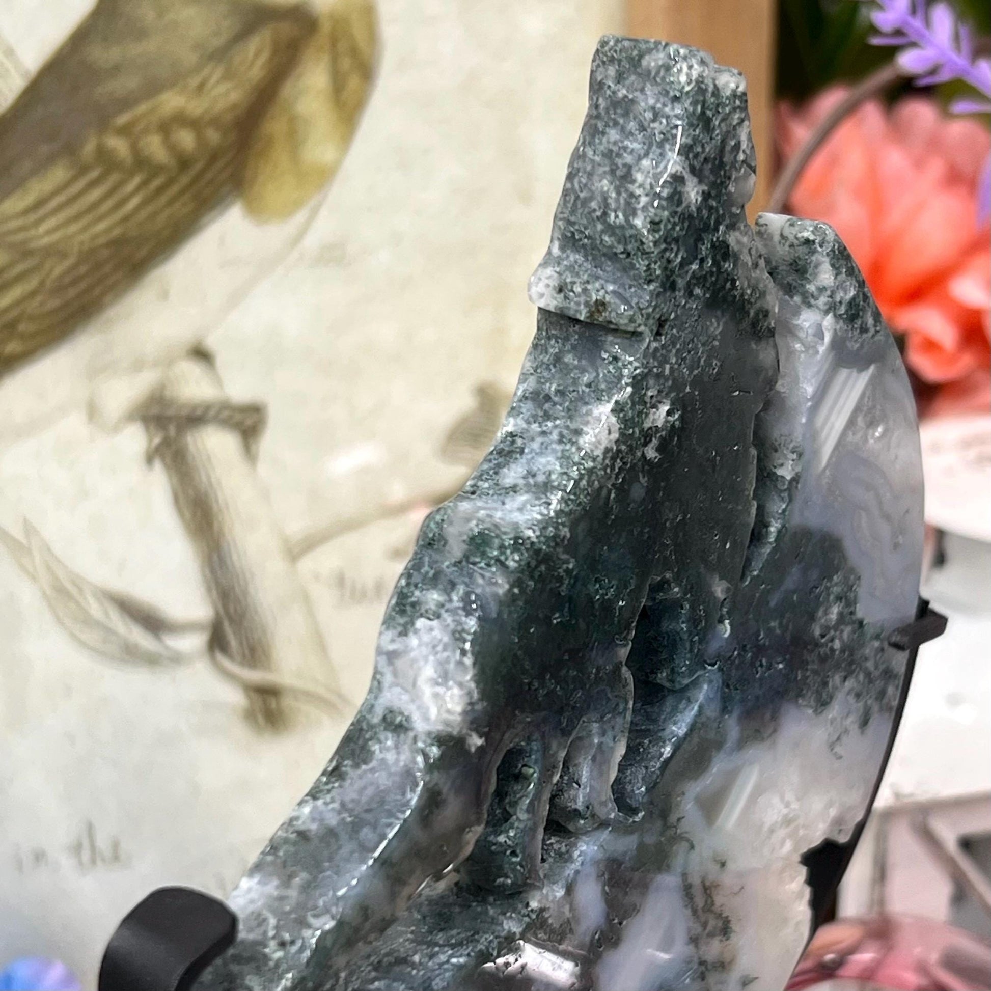 Druzy Moss Agate Howling Wolf on Stand | Crystal Wolf Carving | Crystal Moon | Blue Moss Agate