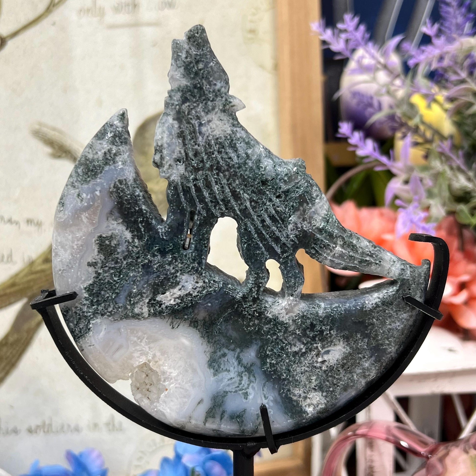 Druzy Moss Agate Howling Wolf on Stand | Crystal Wolf Carving | Crystal Moon | Blue Moss Agate