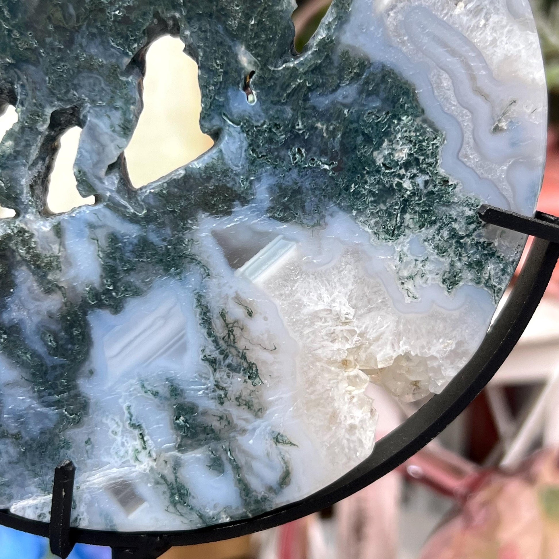 Druzy Moss Agate Howling Wolf on Stand | Crystal Wolf Carving | Crystal Moon | Blue Moss Agate