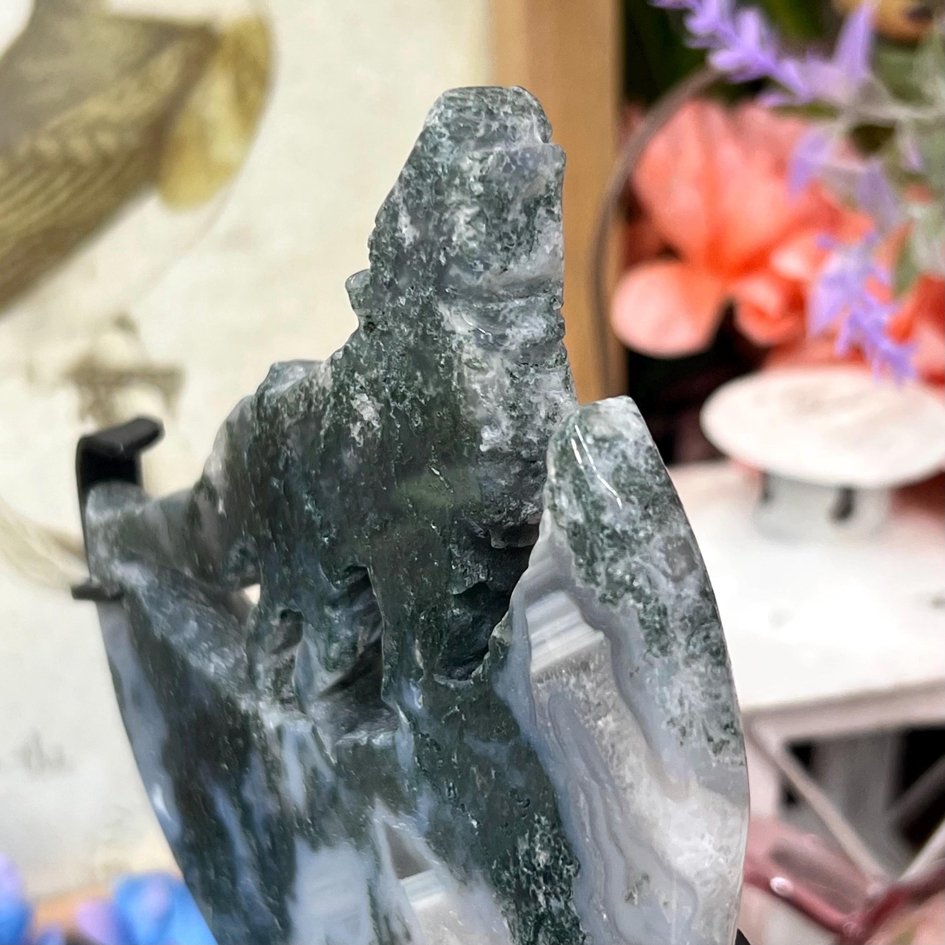 Druzy Moss Agate Howling Wolf on Stand | Crystal Wolf Carving | Crystal Moon | Blue Moss Agate