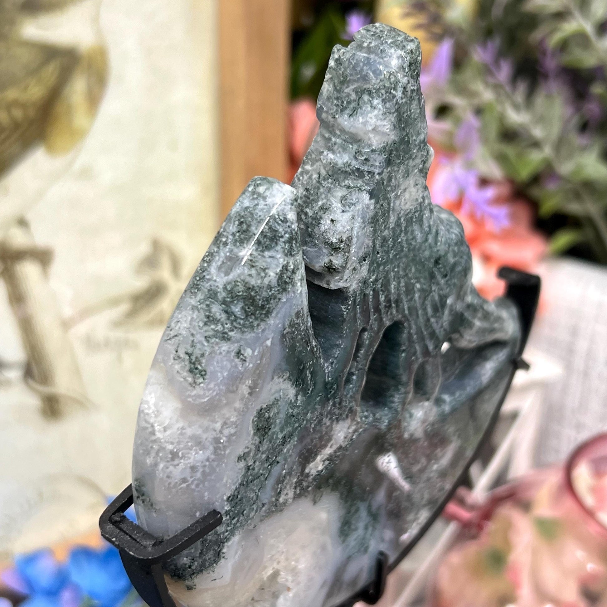 Druzy Moss Agate Howling Wolf on Stand | Crystal Wolf Carving | Crystal Moon | Blue Moss Agate