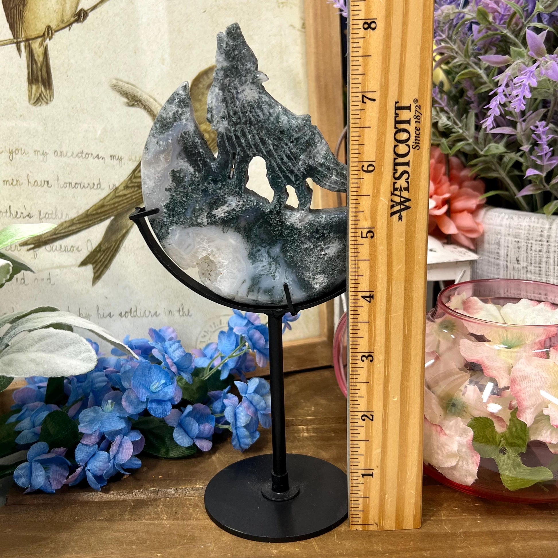 Druzy Moss Agate Howling Wolf on Stand | Crystal Wolf Carving | Crystal Moon | Blue Moss Agate