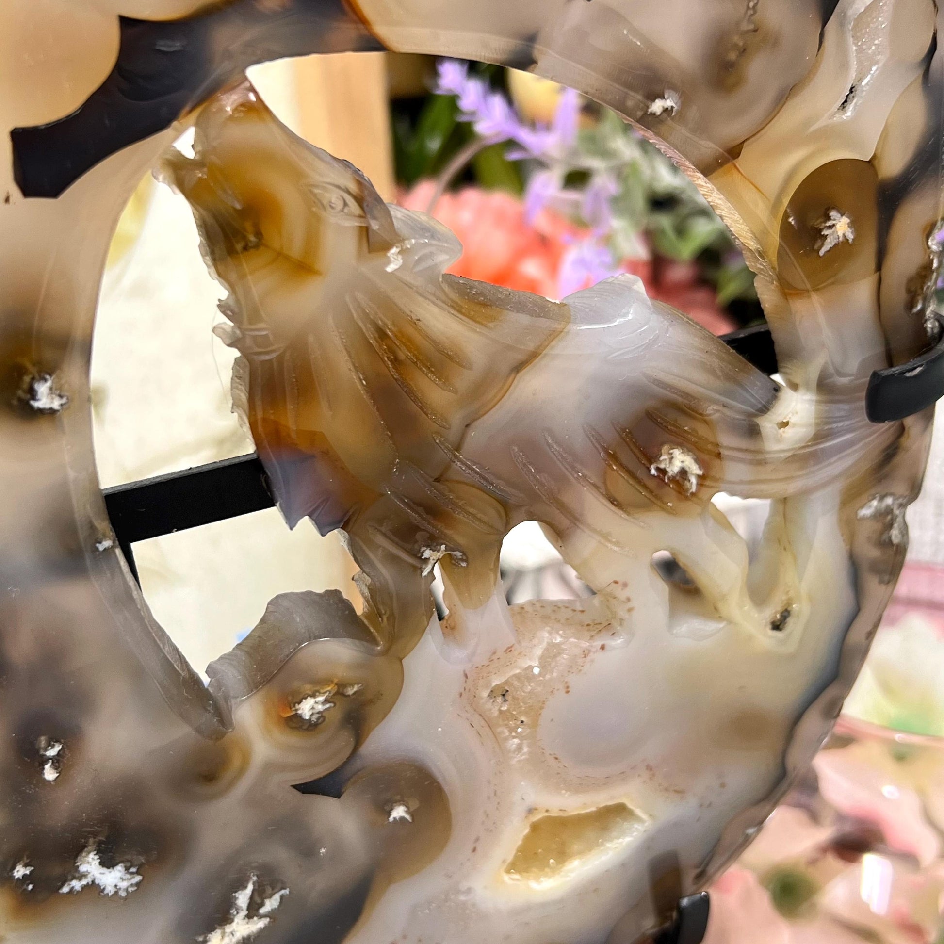 Large Dendritic Agate Wolf on Stand | Crystal Wolf | Howling Wolf Carving