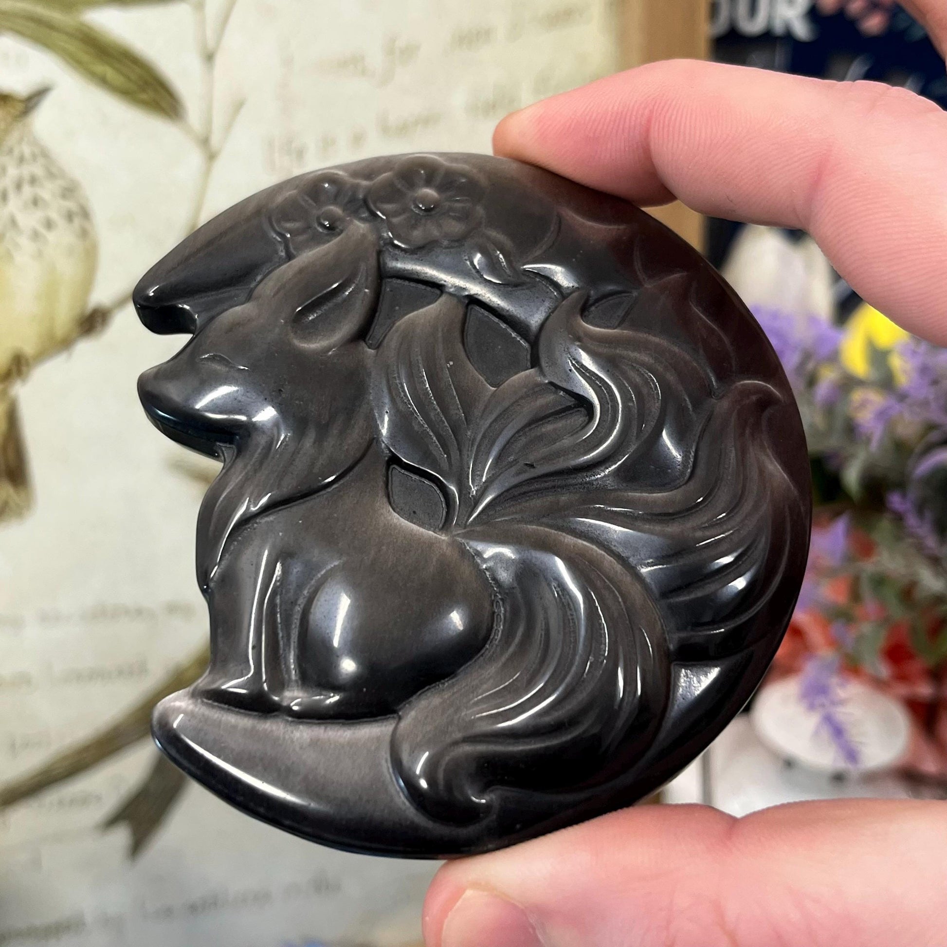 Silver Obsidian Fox Carving with Stand | Silver Sheen Obsidian | Crystal Fox | Crystal Kitsune