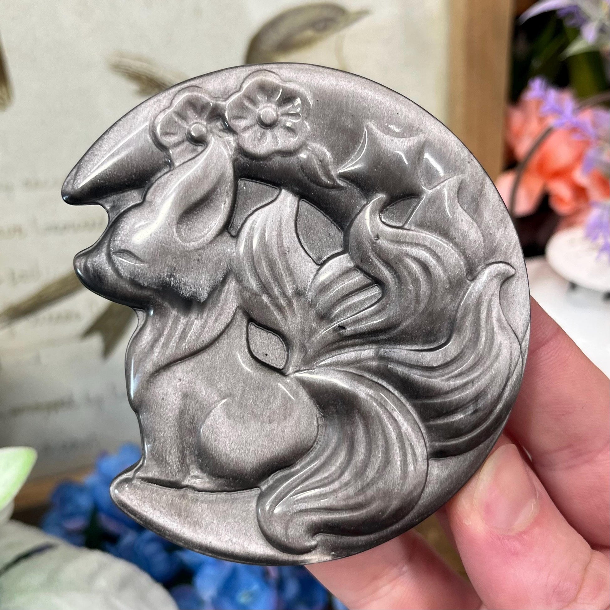 Silver Obsidian Fox Carving with Stand | Silver Sheen Obsidian | Crystal Fox | Crystal Kitsune