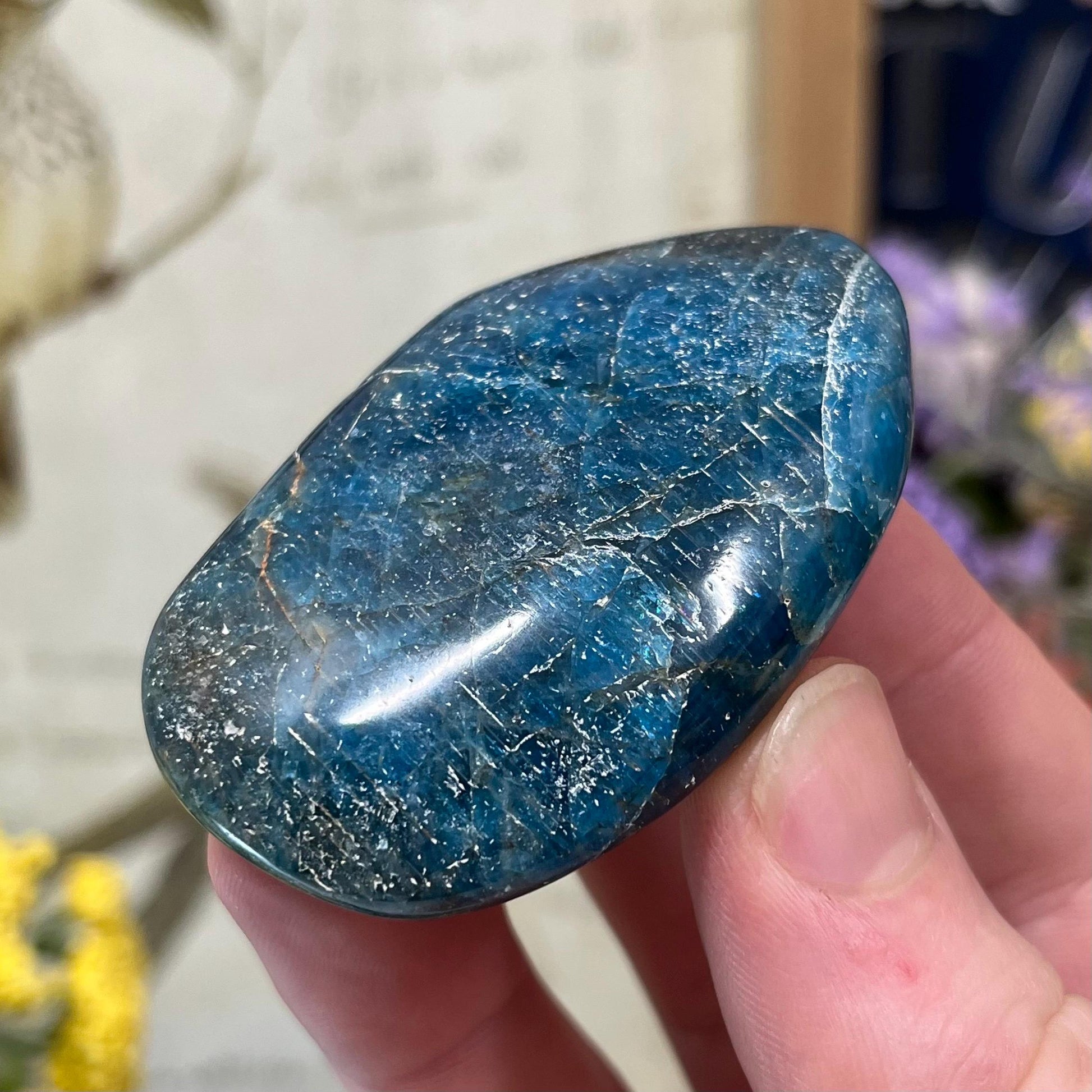 Blue Apatite Palm Stone | Flashy Blue Apatite