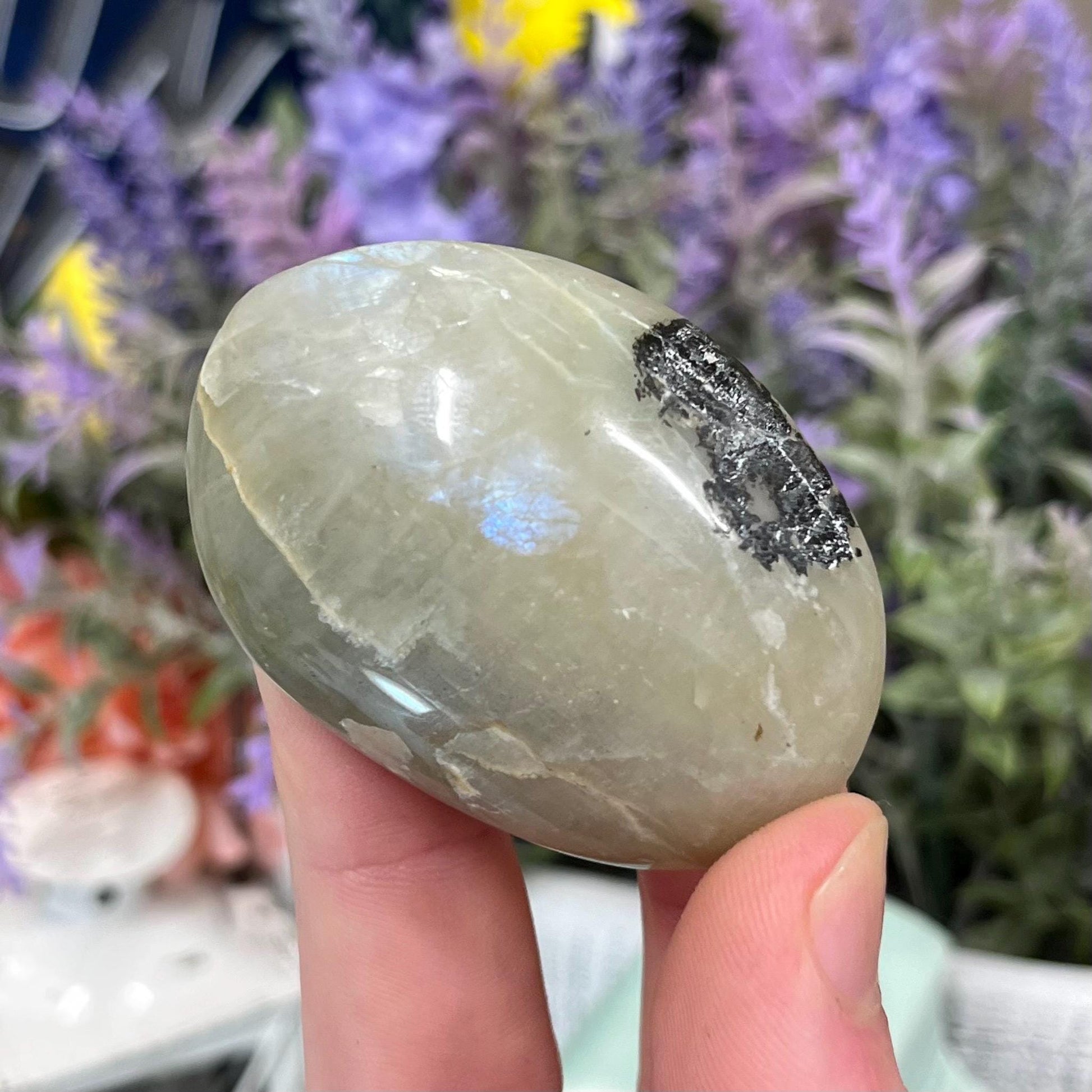 Flashy Green Moonstone Palm Stone with Blue Flash | Garnierite Palm