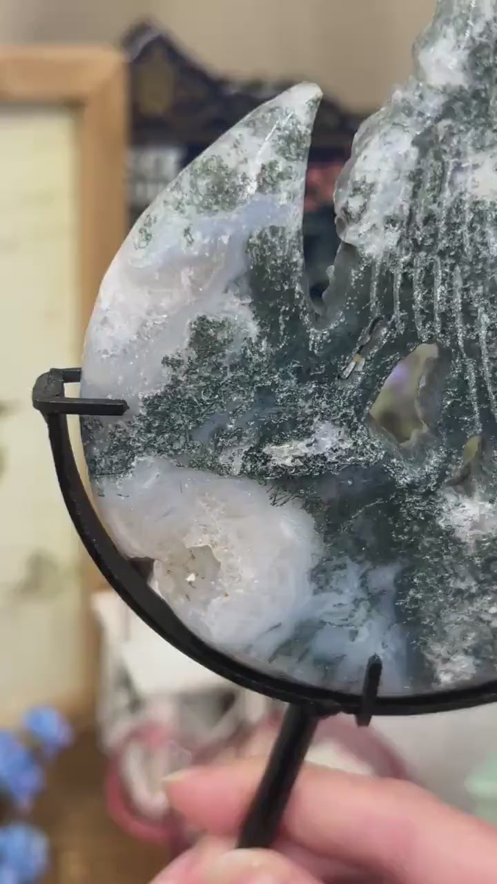 Druzy Moss Agate Howling Wolf on Stand | Crystal Wolf Carving | Crystal Moon | Blue Moss Agate