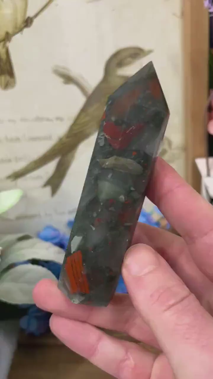 African Bloodstone Tower | African Bloodstone with Pyrite - IMPERFECT TIP