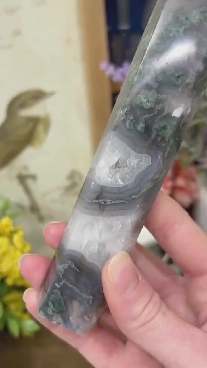 High Quality Moss Agate Tower | Druzy Moss Agate - CHIPPED TIP