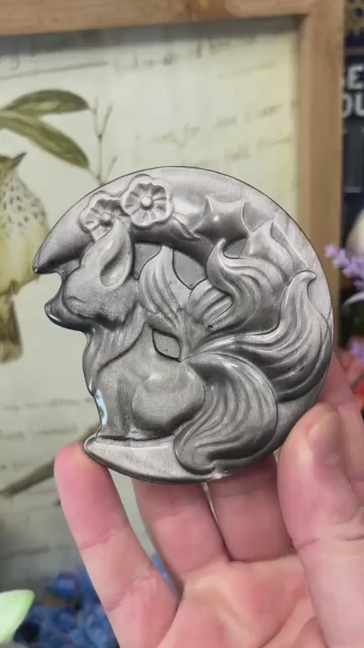 Silver Obsidian Fox Carving with Stand | Silver Sheen Obsidian | Crystal Fox | Crystal Kitsune