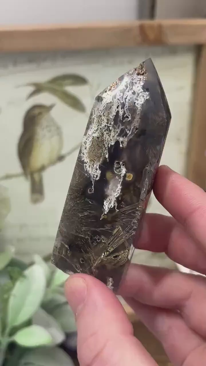 Rare Rutilated Moss Agate Tower | Unique Moss Agate | Rutilated Agate | Rutile