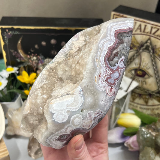 Mexican Lace Agate Freeform with Quartz Druzy | Pink Mexican Lace Agate