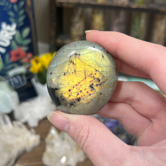Bright Yellow Labradorite Palm Stone | Rainbow Lab