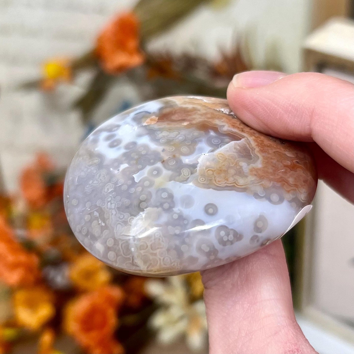 Pink Ocean Jasper Palm Stone | Druzy Ocean Jasper | Jelly Ocean Jasper Palm