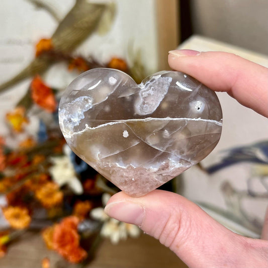 Flower Agate Heart | Crystal Heart Carving | Pink Amethyst