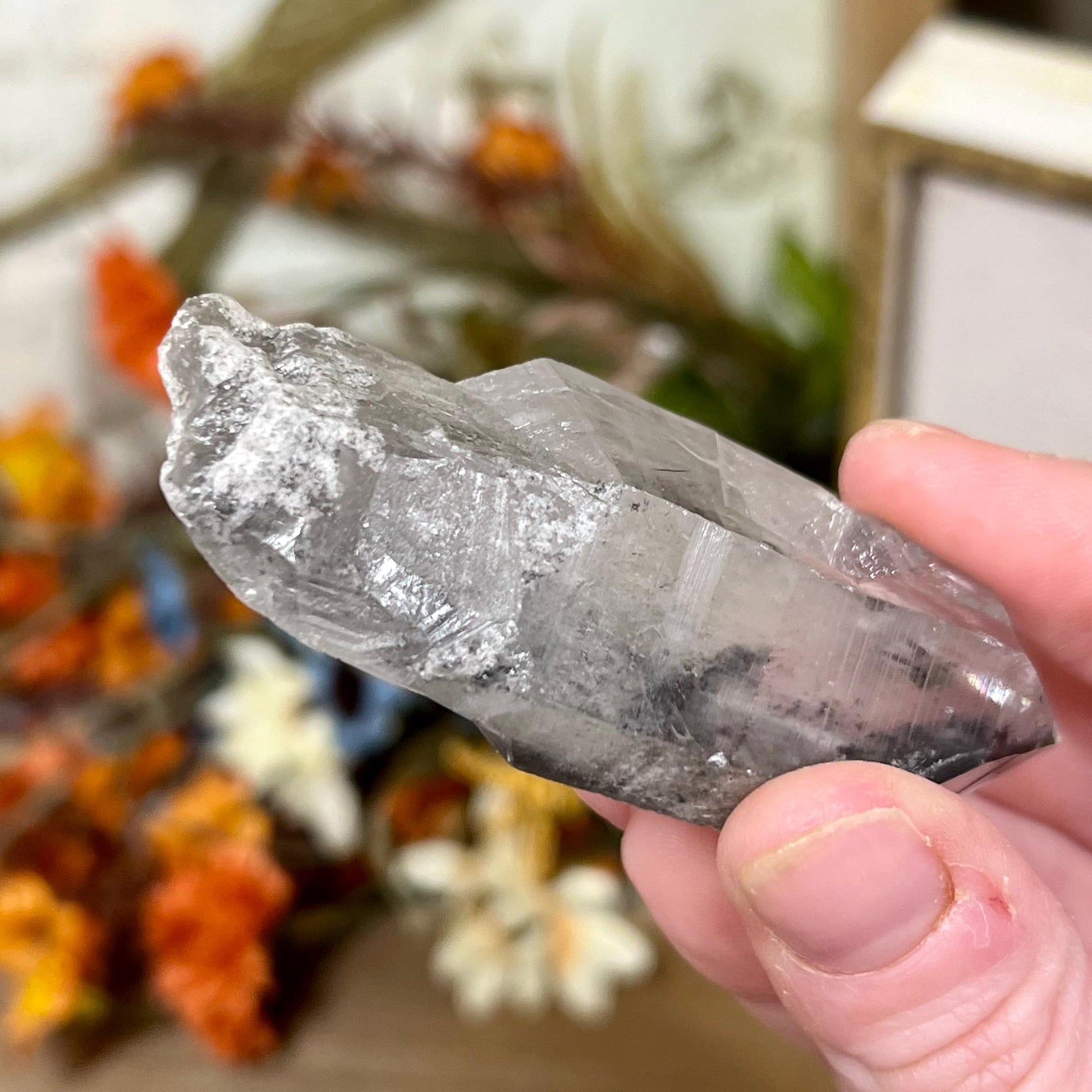 Raw Quartz Point with Black Lodolite and Rutile Incluions from Brazil