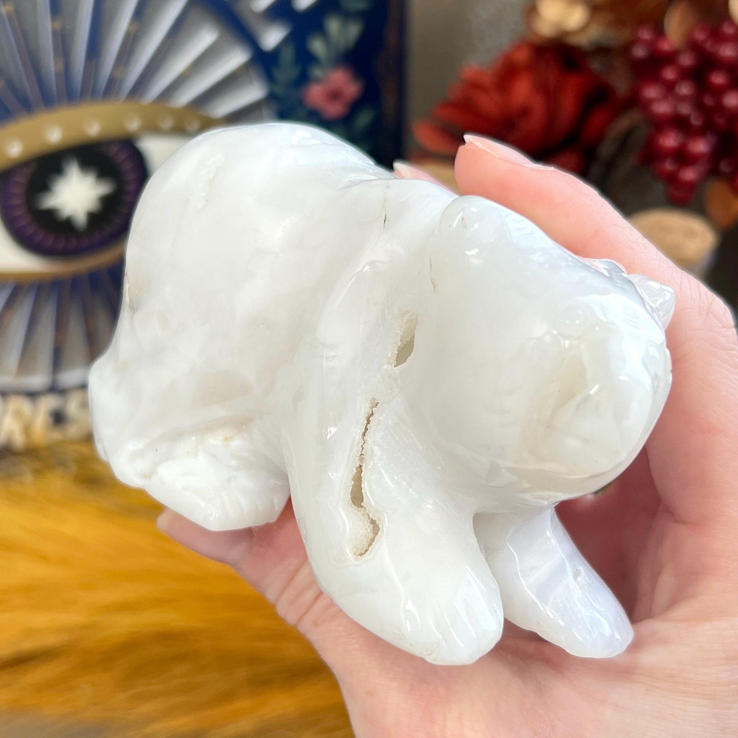 Large White Agate Bear | Crystal Bear Carving | Druzy Agate Bear