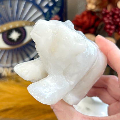 Large White Agate Bear | Crystal Bear Carving | Druzy Agate Bear