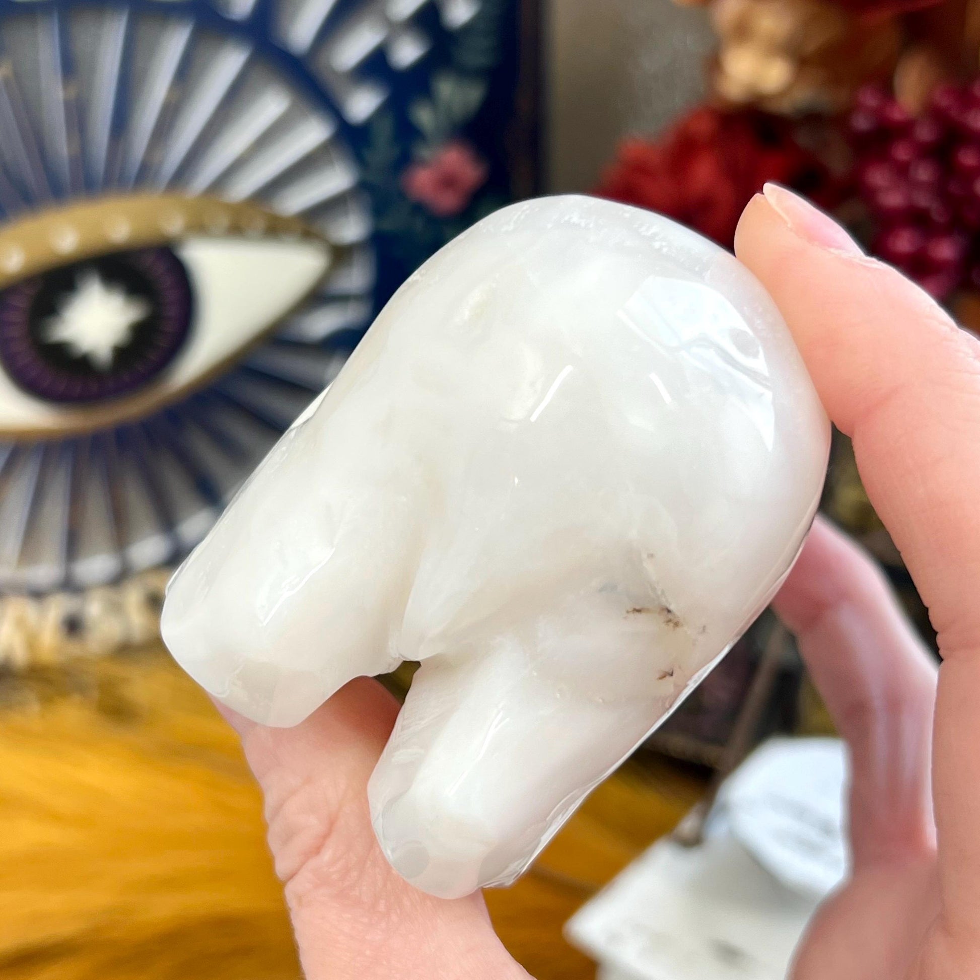 Large White Agate Bear | Crystal Bear Carving | Druzy Agate Bear