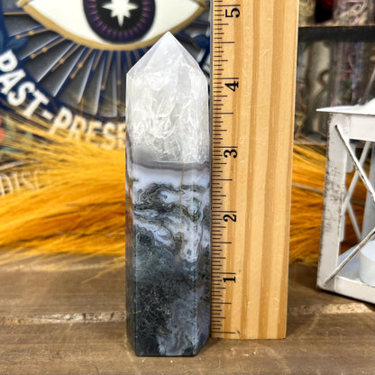 Blue Moss Agate Tower with Quartz | Blue Chalcedony