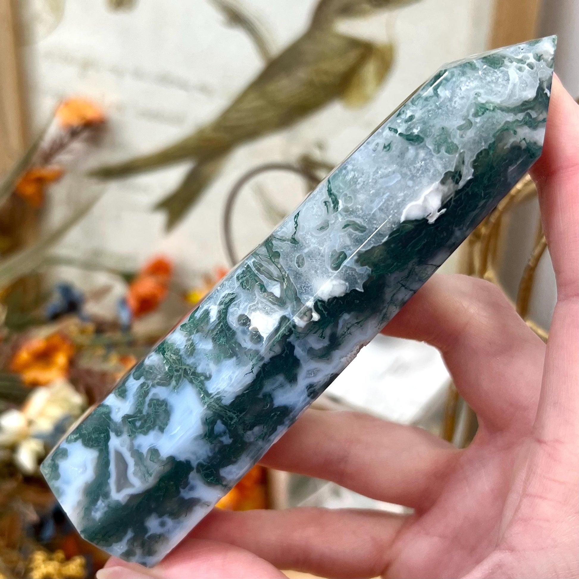 Blue Moss Agate Tower with Quartz | Blue Chalcedony | Druzy Moss Agate