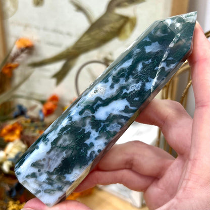 Blue Moss Agate Tower with Quartz | Blue Chalcedony | Druzy Moss Agate