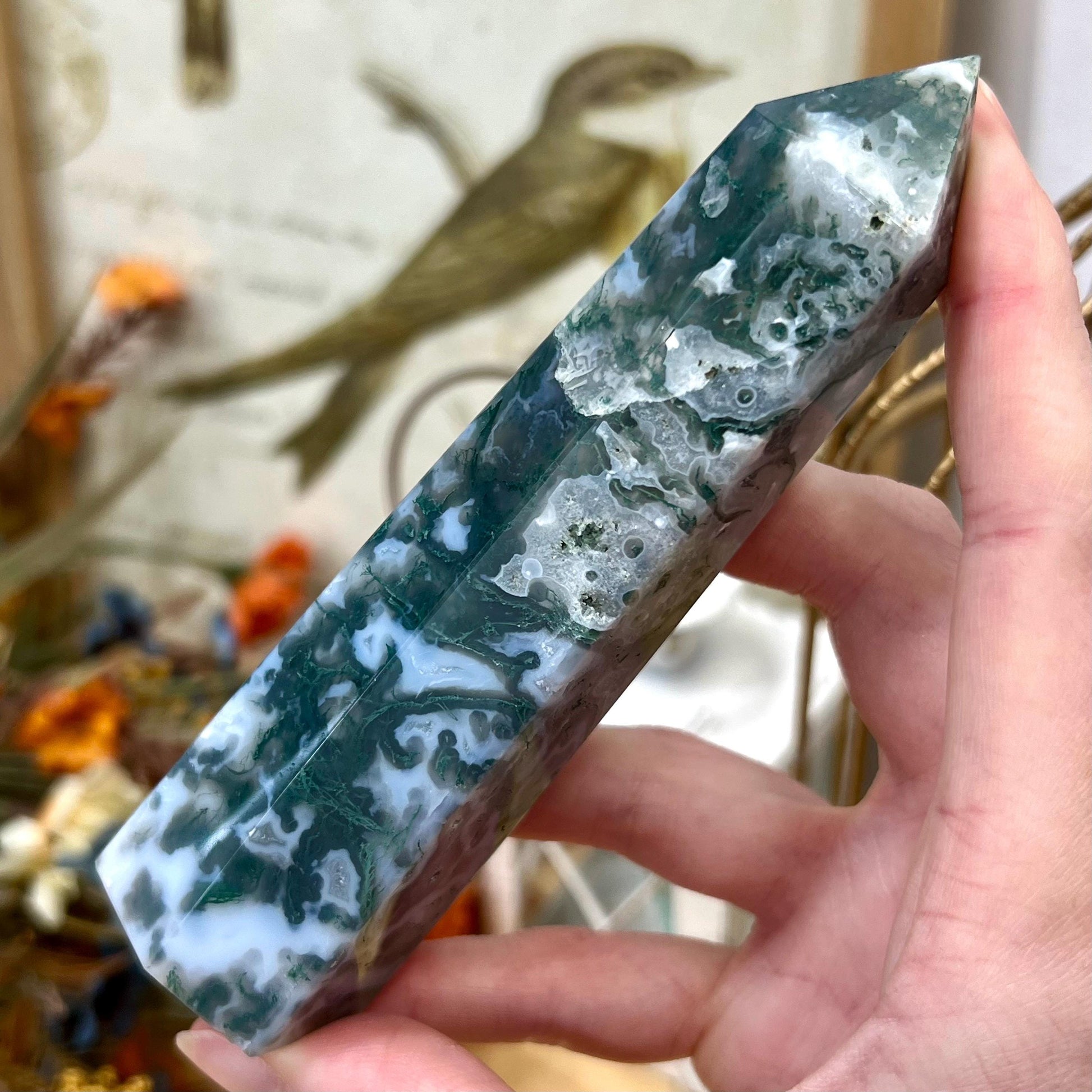 Blue Moss Agate Tower with Quartz | Blue Chalcedony | Druzy Moss Agate