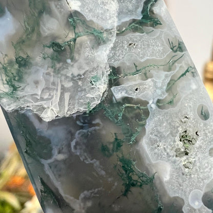 Blue Moss Agate Tower with Quartz | Blue Chalcedony | Druzy Moss Agate