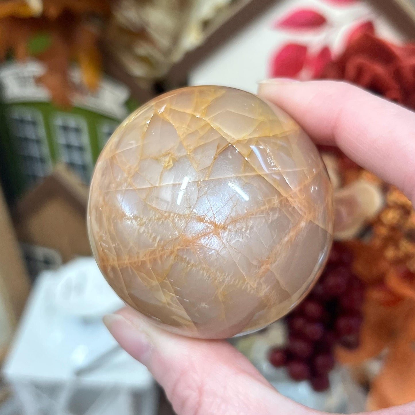 Flashy Peach Moonstone Sphere with Sunstone and Smoky Quartz