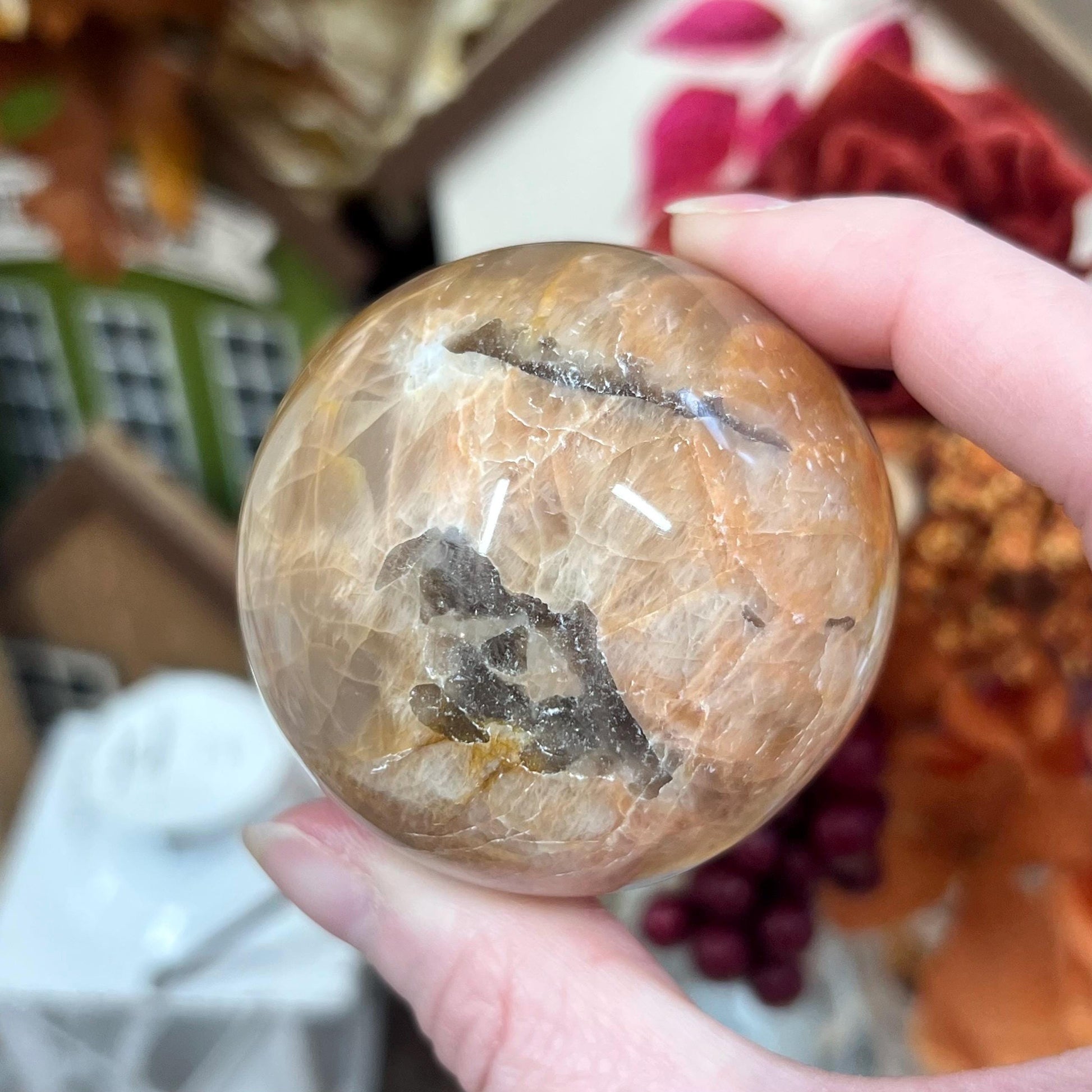 Flashy Peach Moonstone Sphere with Sunstone and Smoky Quartz