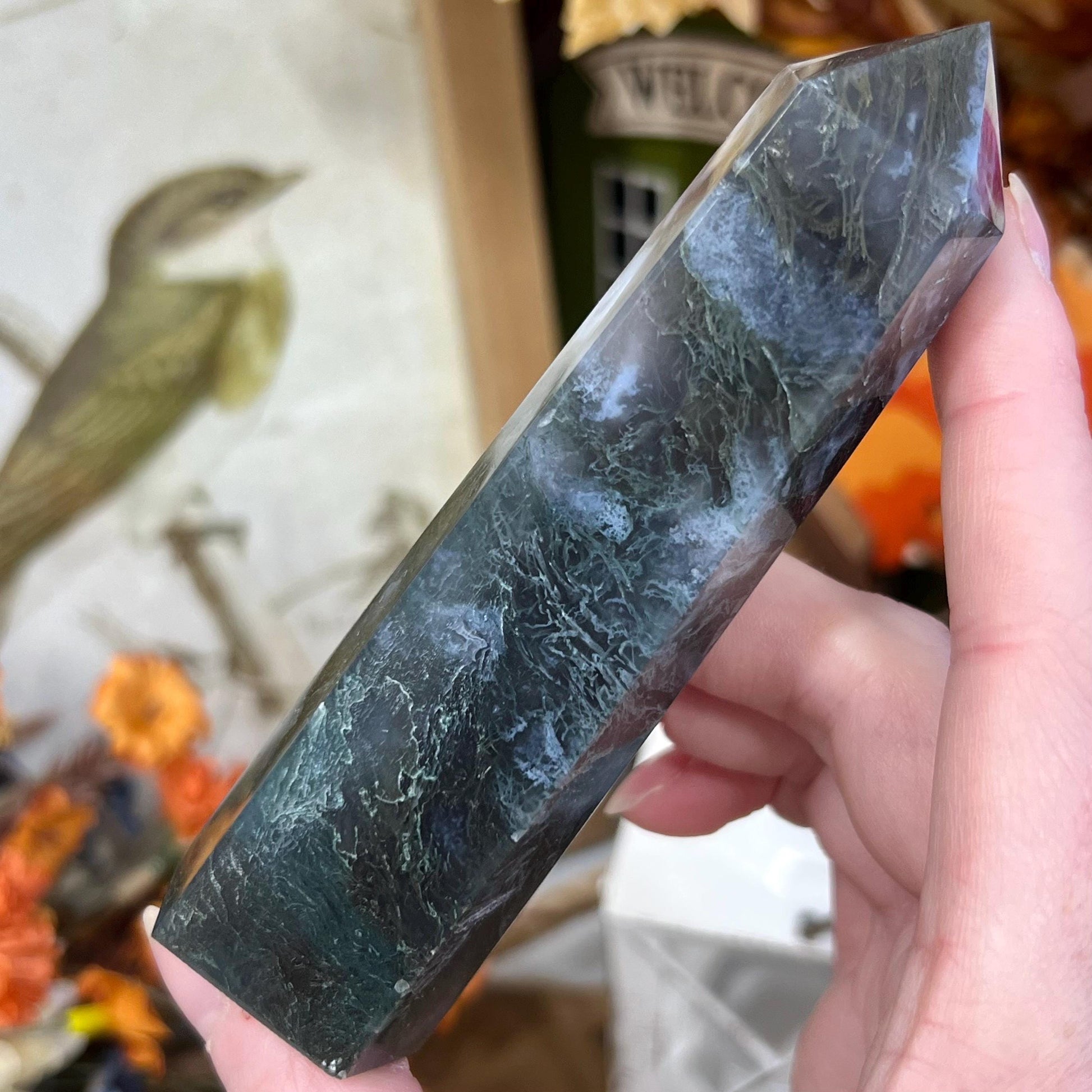 Detailed Moss Agate Tower | Blue Moss Agate