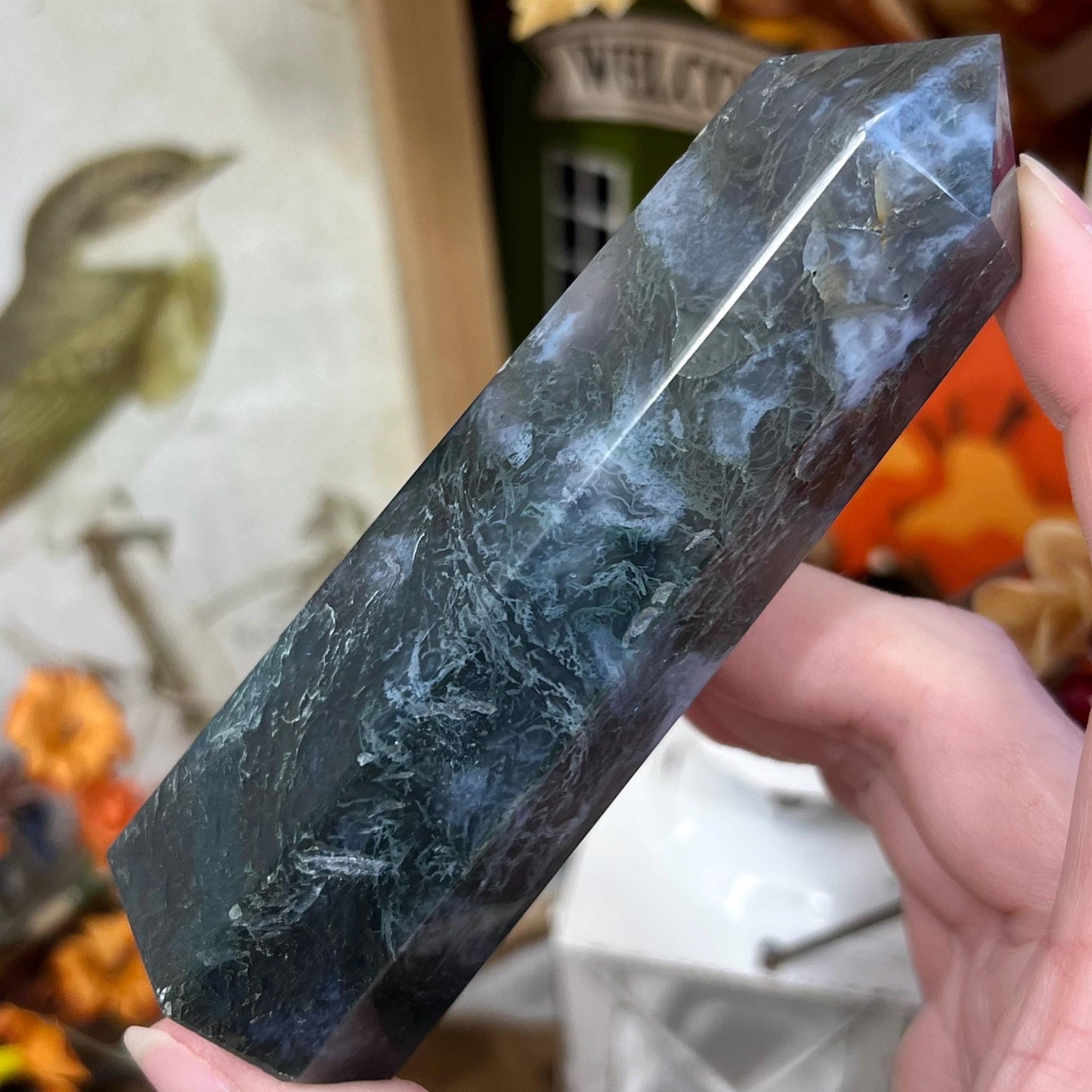 Detailed Moss Agate Tower | Blue Moss Agate