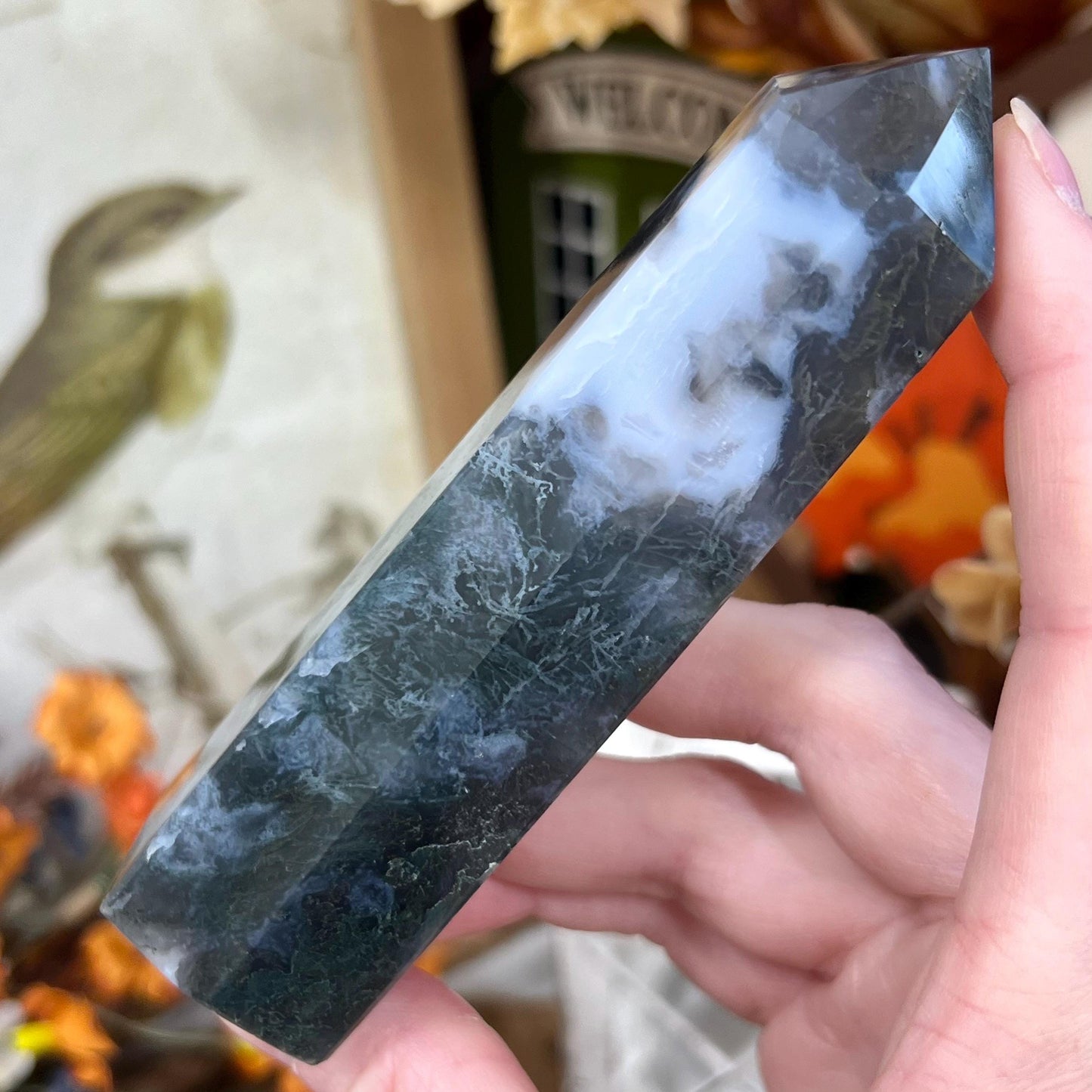 Detailed Moss Agate Tower | Blue Moss Agate