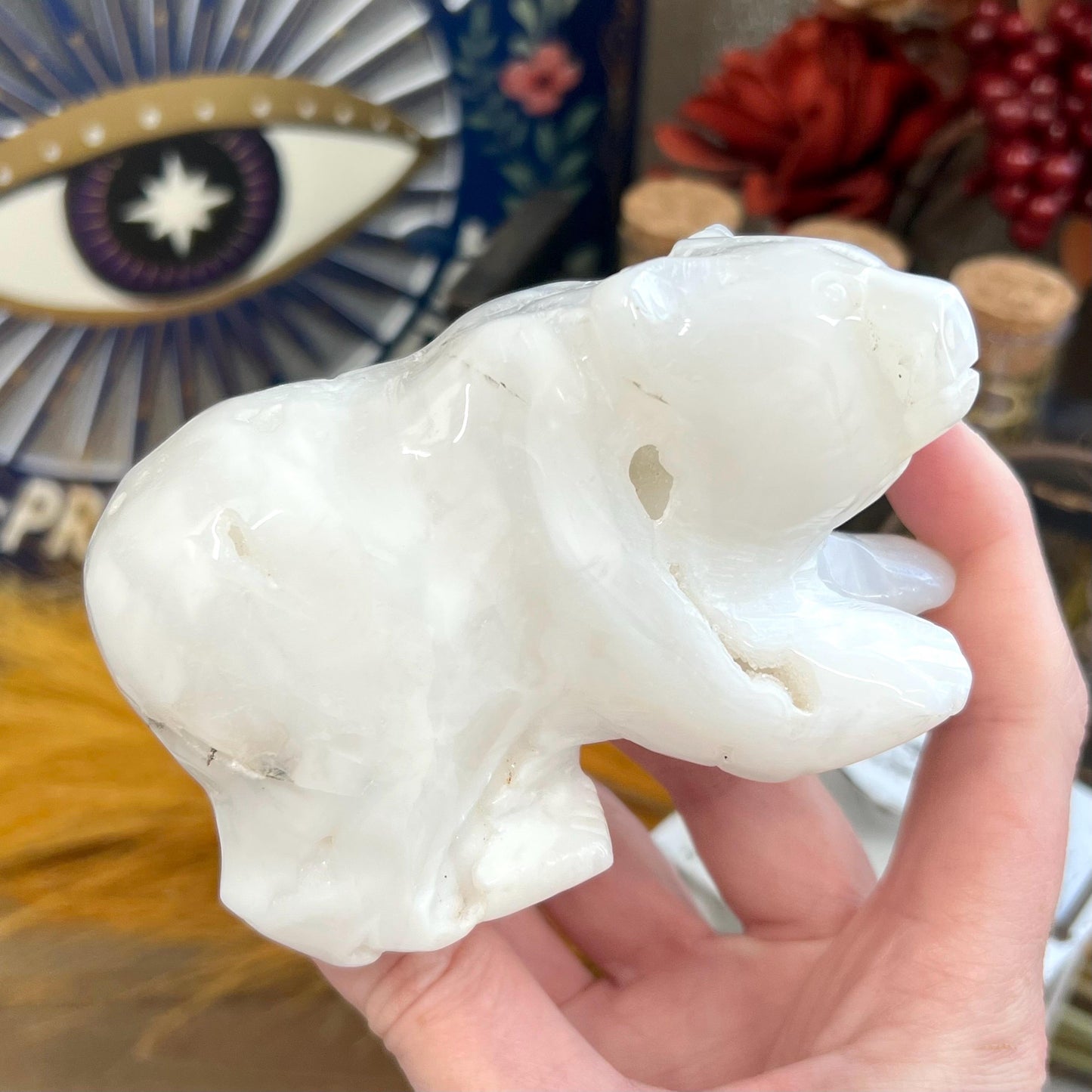 Large White Agate Bear | Crystal Bear Carving | Druzy Agate Bear