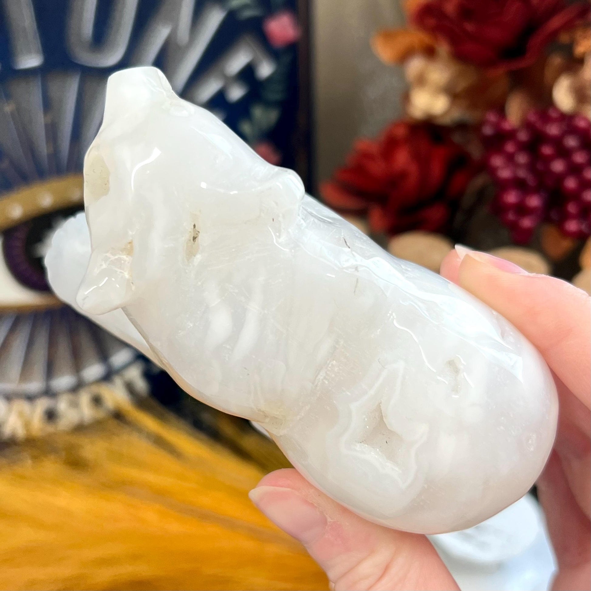 Large White Agate Bear | Crystal Bear Carving | Druzy Agate Bear