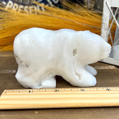 Large White Agate Bear | Crystal Bear Carving | Druzy Agate Bear