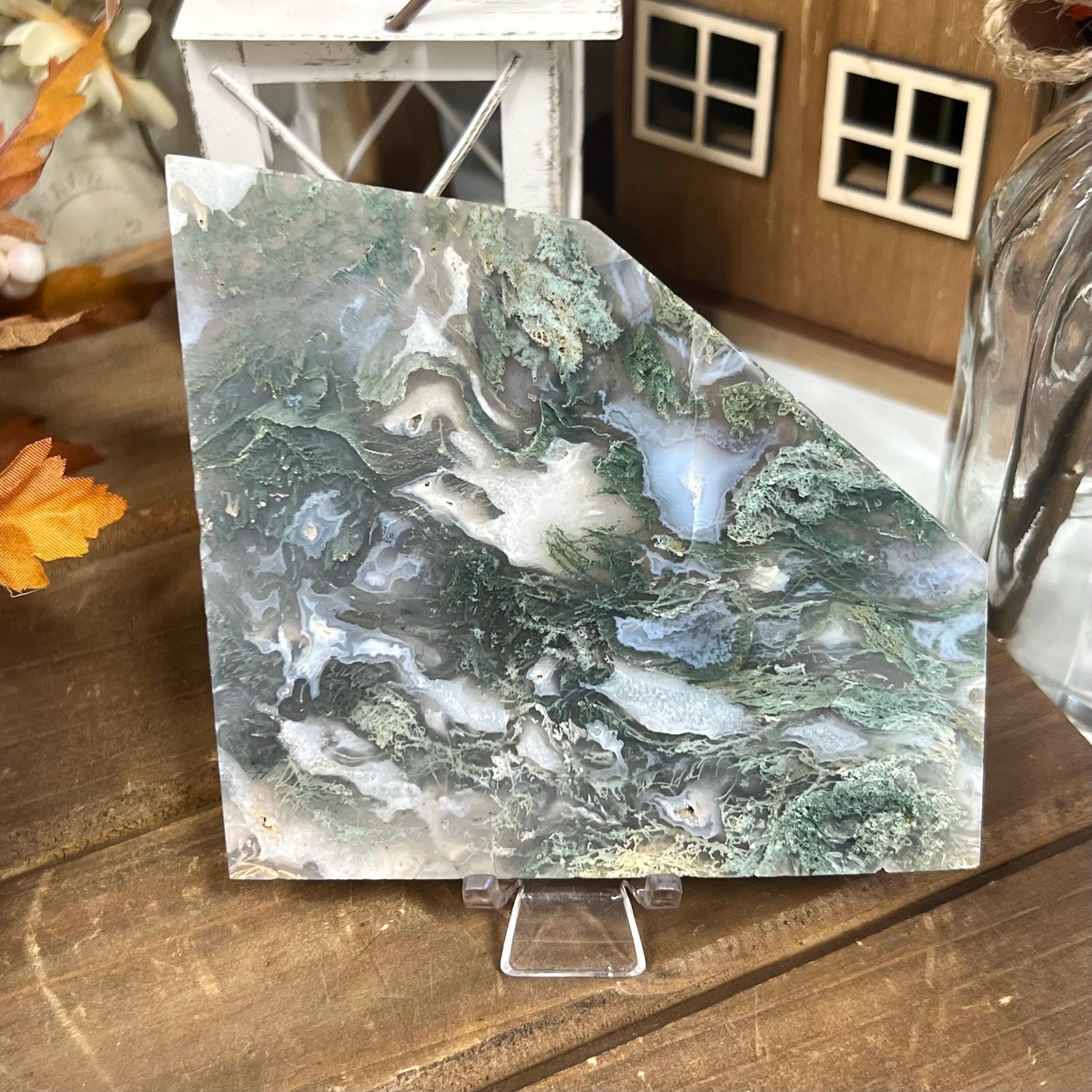 Translucent Moss Agate Slab with Stand