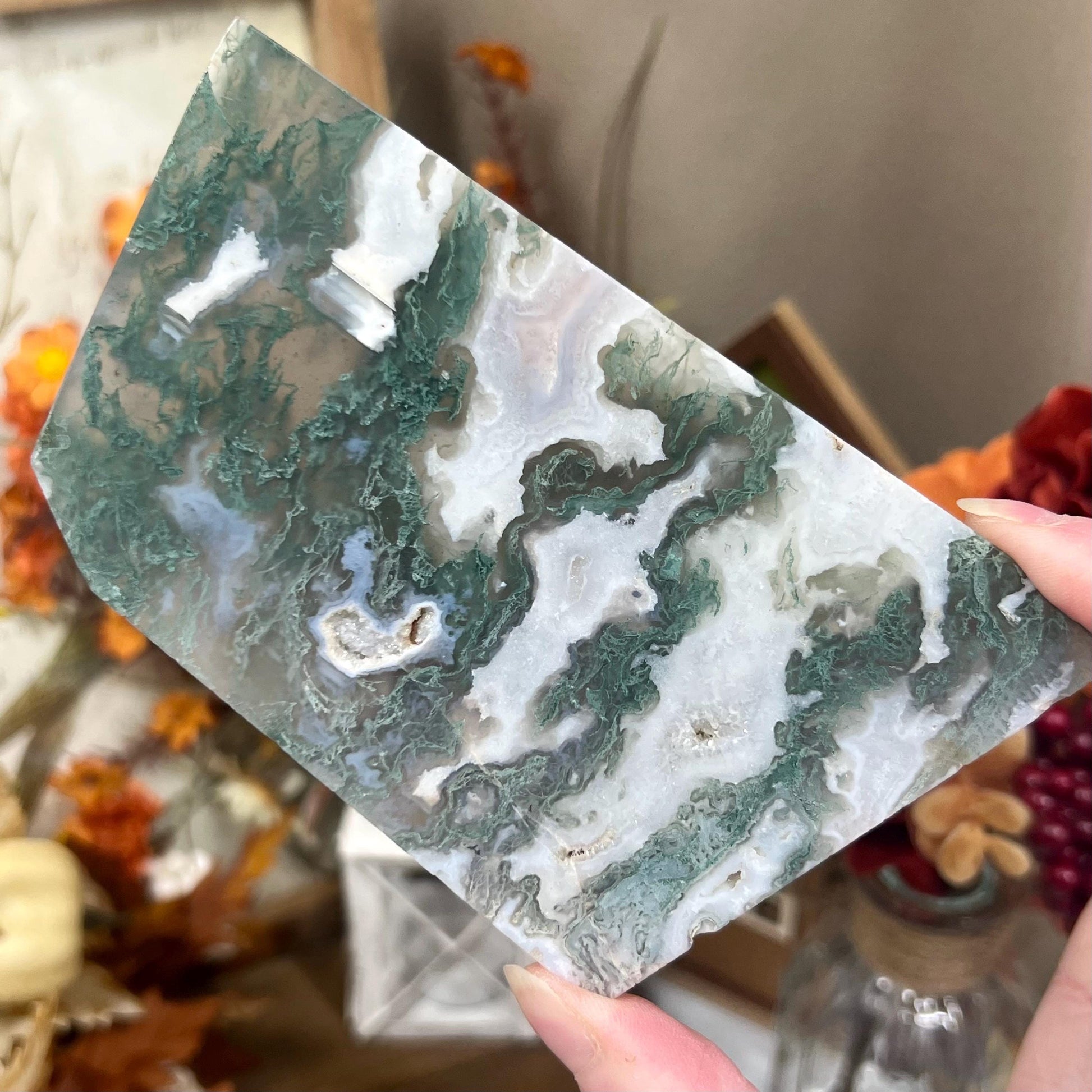 Druzy Moss Agate Slab with Stand