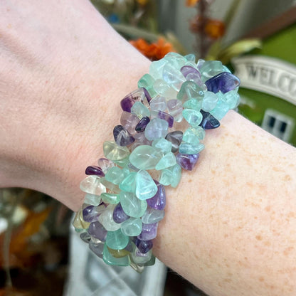 Multistrand Rainbow Fluorite Chips Bracelet | Crystal Stretch Bracelet | Fluorite Chips | Purple Fluorite