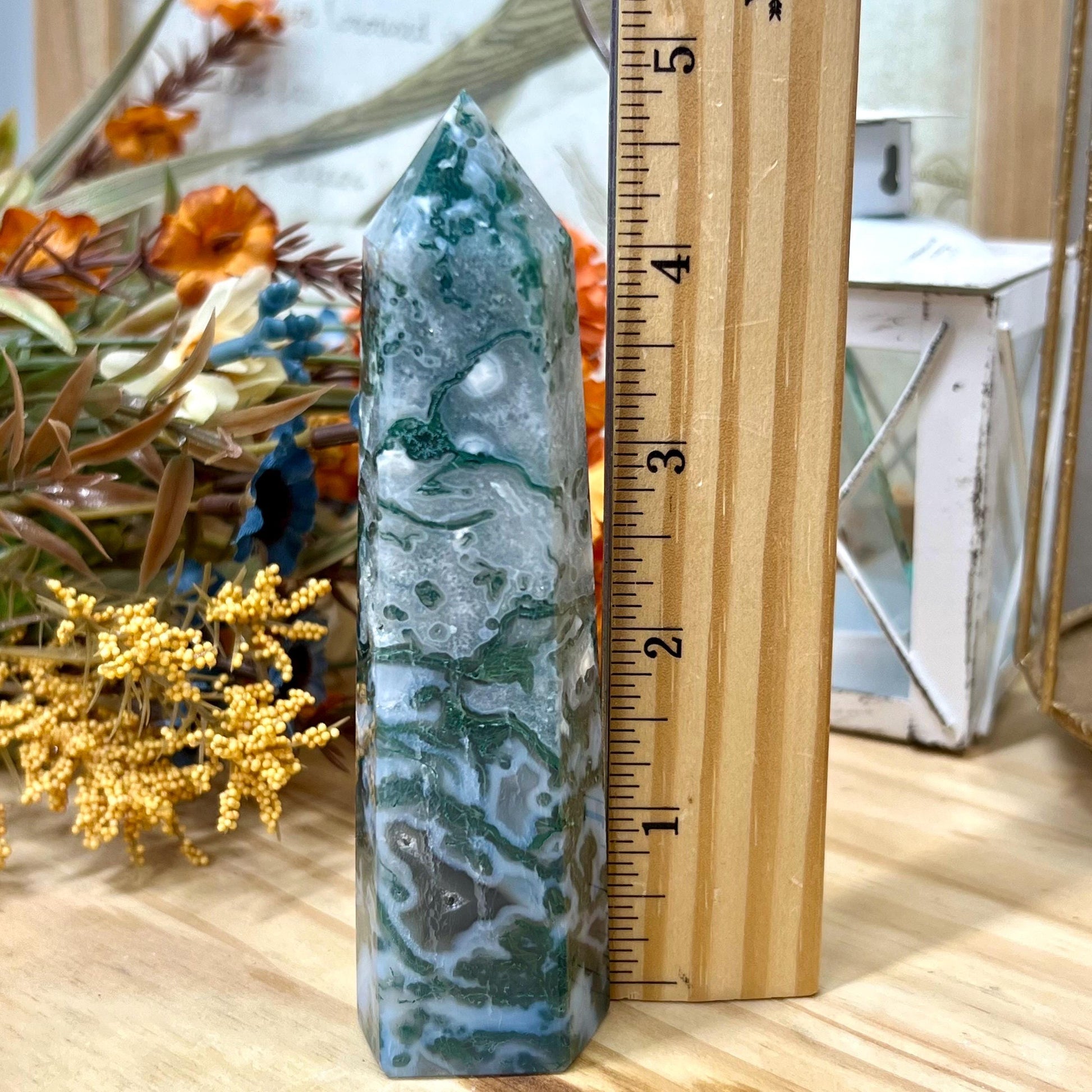 Blue Moss Agate Tower with Quartz | Blue Chalcedony | Druzy Moss Agate