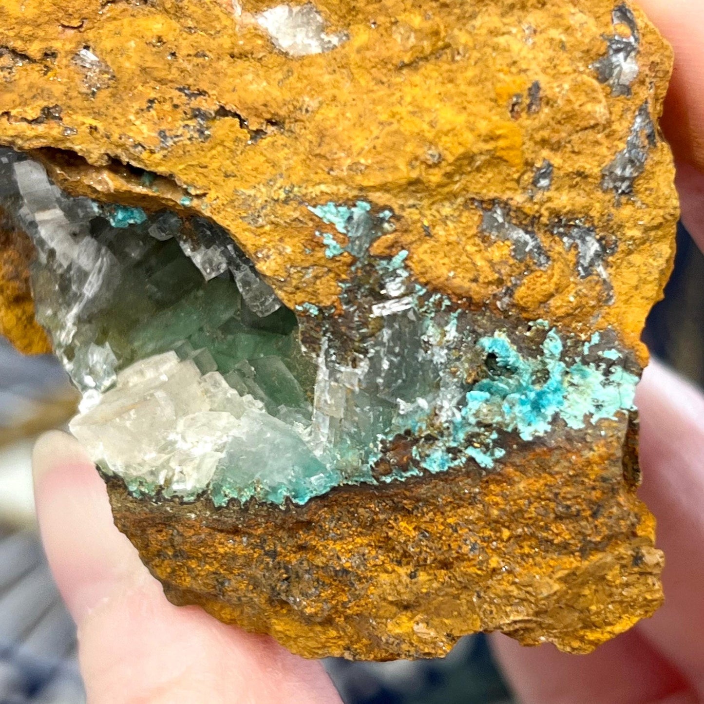 Rosasite with Calcite from La Ojuela Mine, Mexico