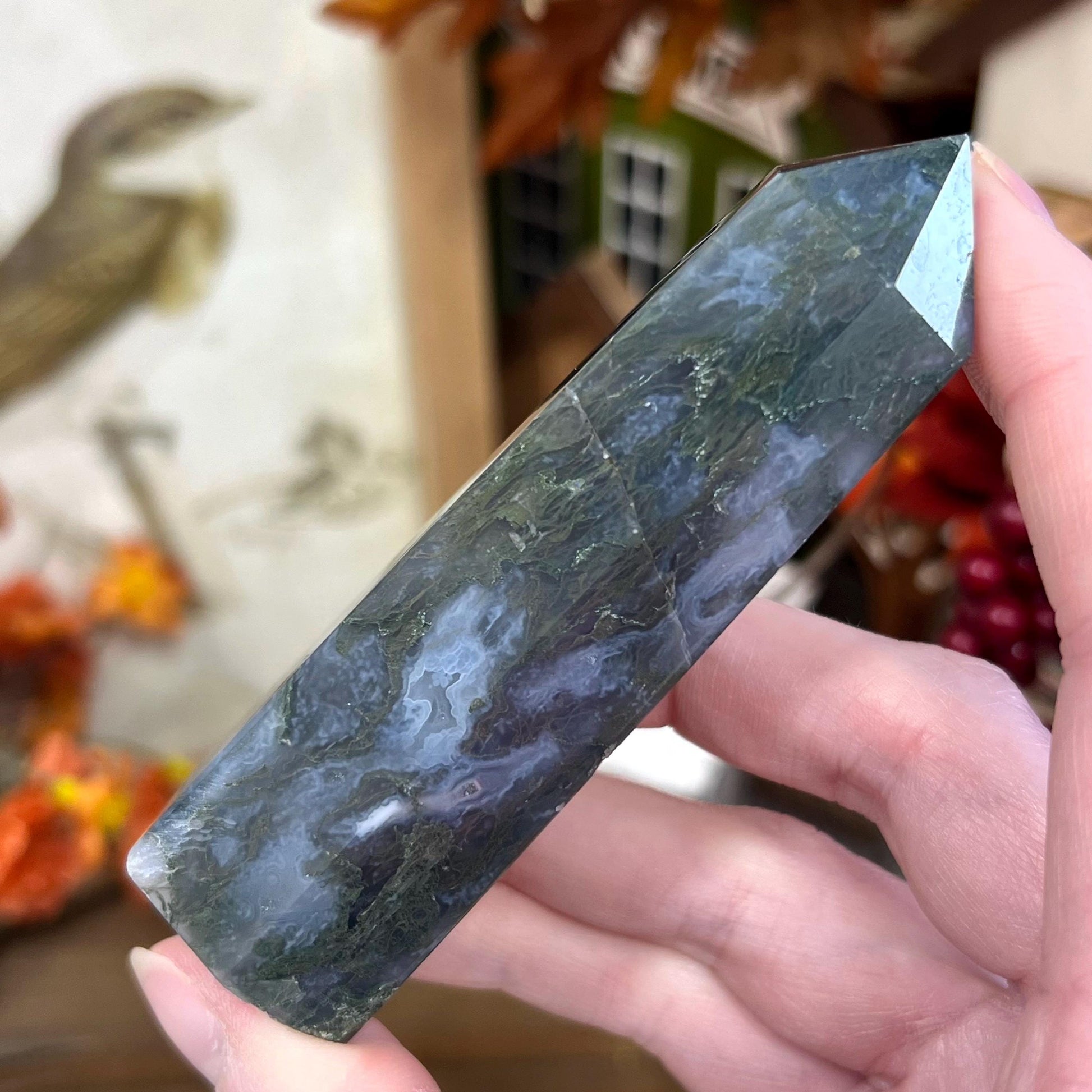 Dark Moss Agate Tower with Blue Chalcedony