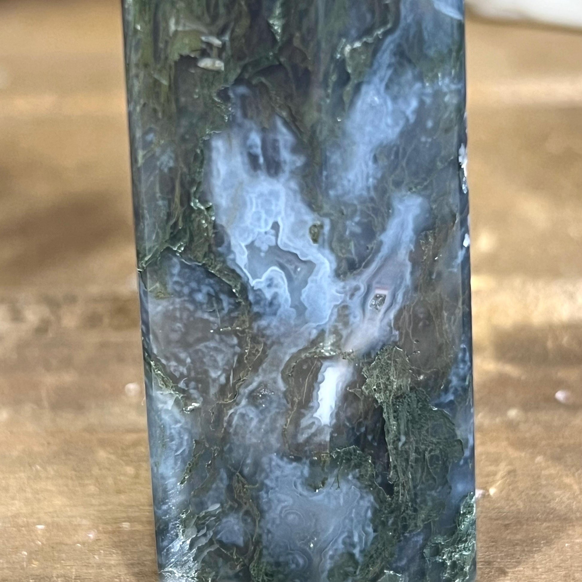 Dark Moss Agate Tower with Blue Chalcedony