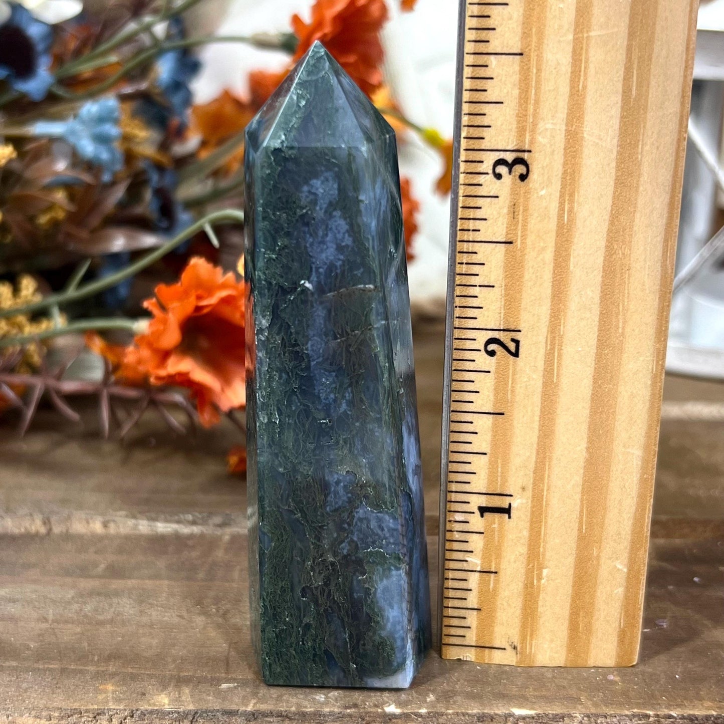 Dark Moss Agate Tower with Blue Chalcedony